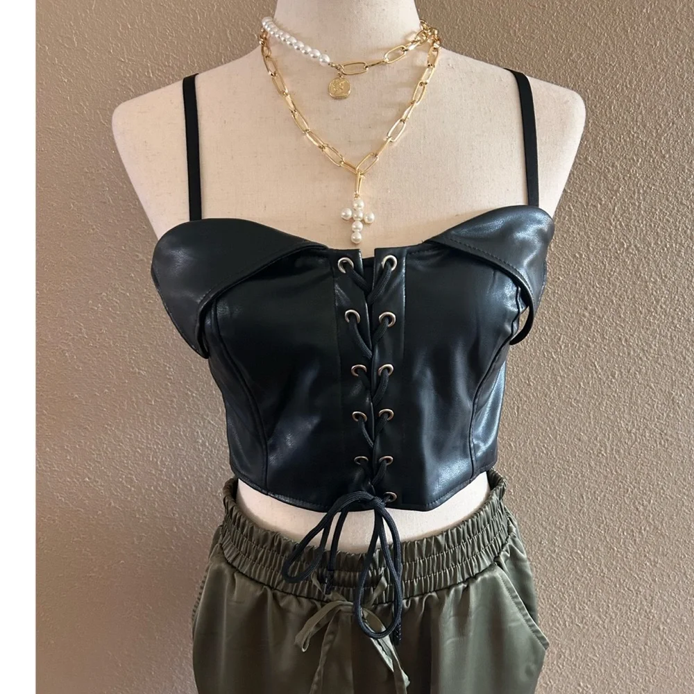 Black Lace-Up Leather Crop Top
